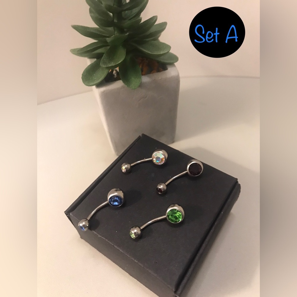 SET A-4 Pcs CZ Multicolored Belly Rings Stainless Steel 16g NWT